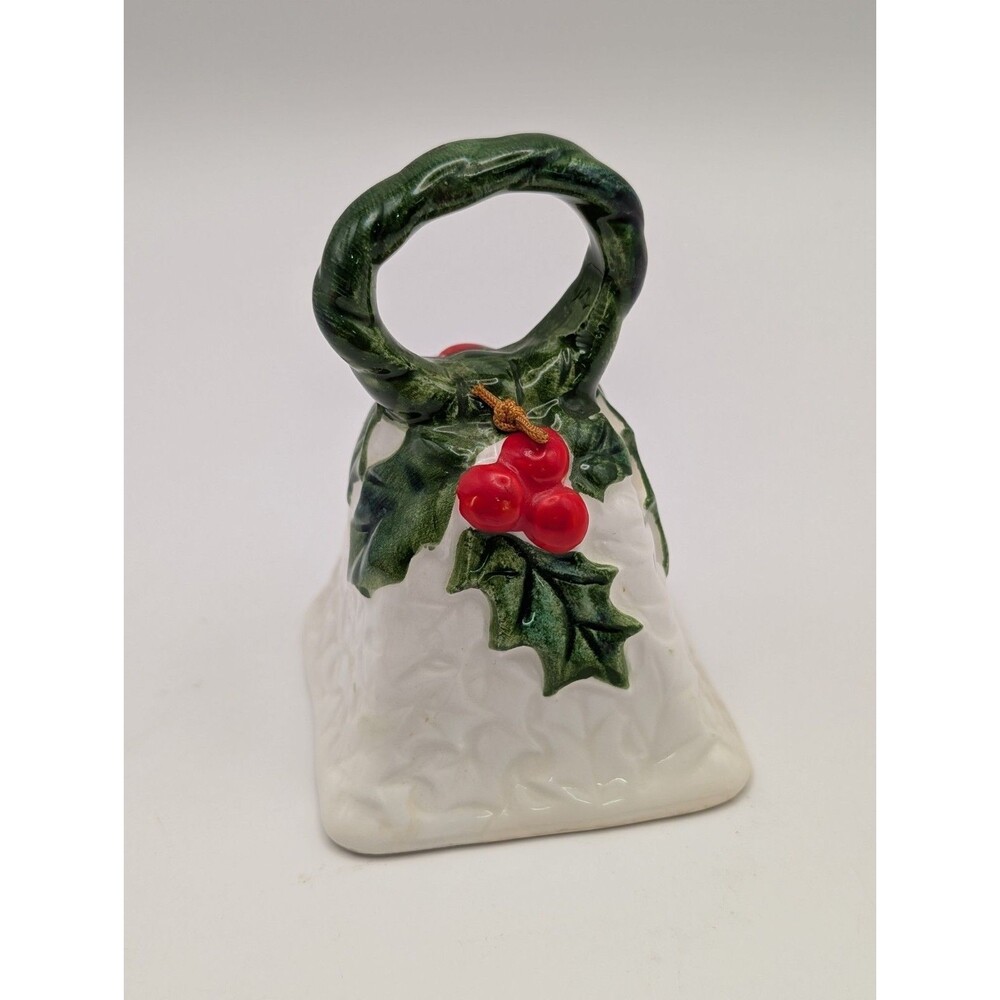 Vintage Lefton Ceramic White Christmas Bell Holly Berries- 6053- Tag Japan ~3.5”